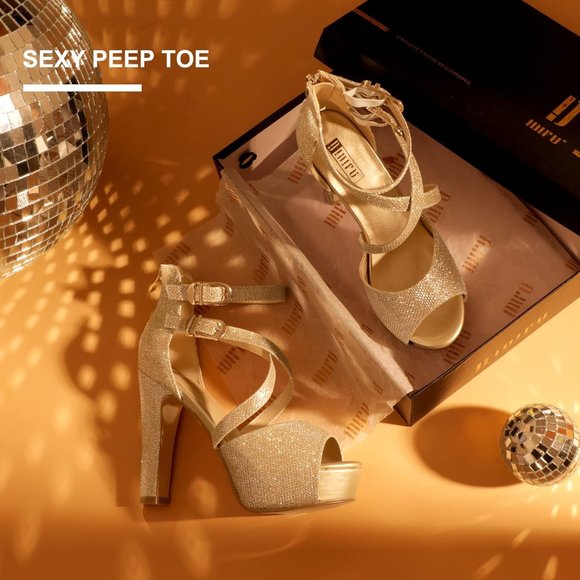 Women's IN5 Charcy Crisscross Strappy Platform High Chunky Gold Heels Toe Pump - Picture 4 of 6